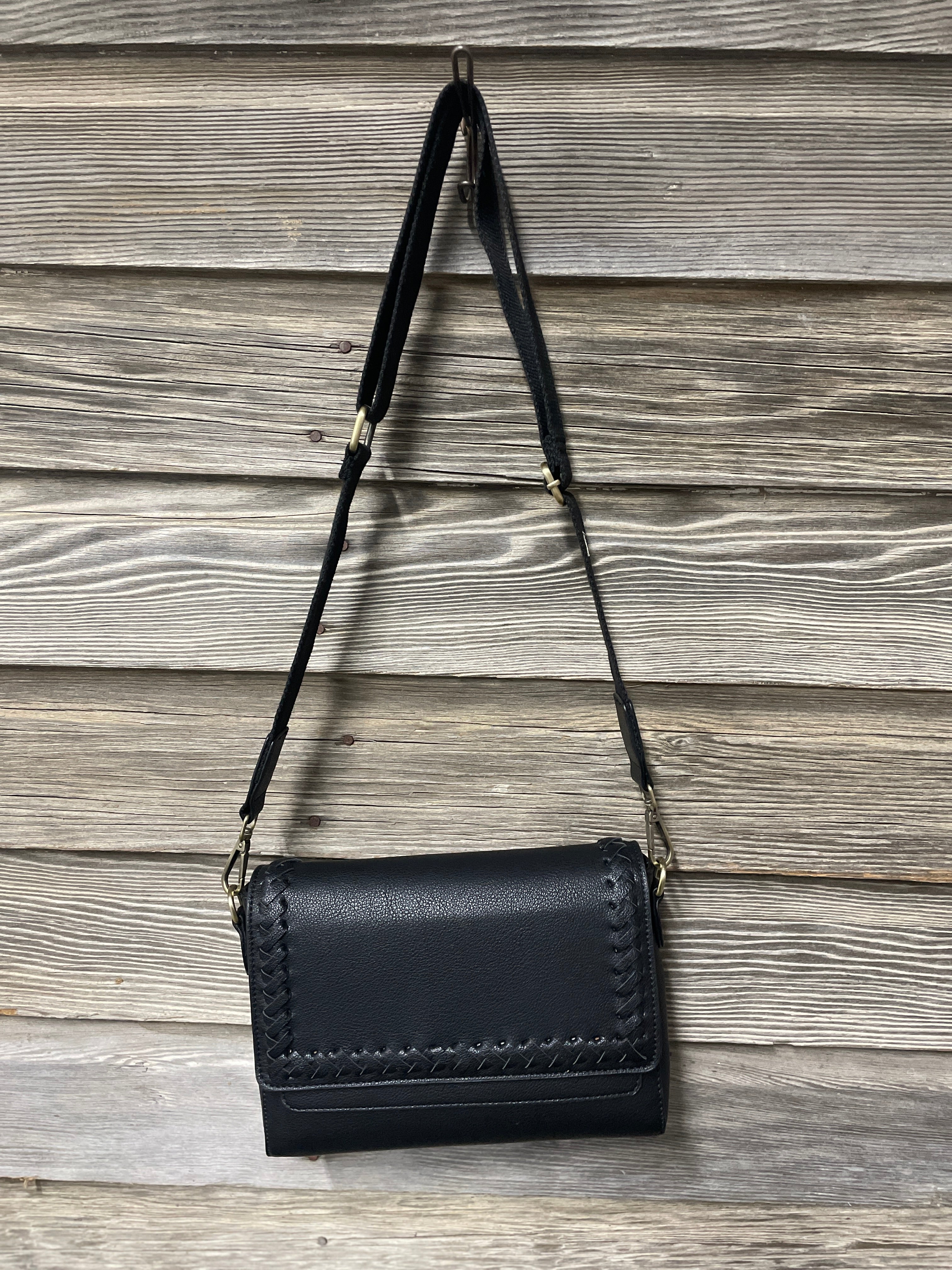 Francesca Whipstitch Flapover Crossbody- Black