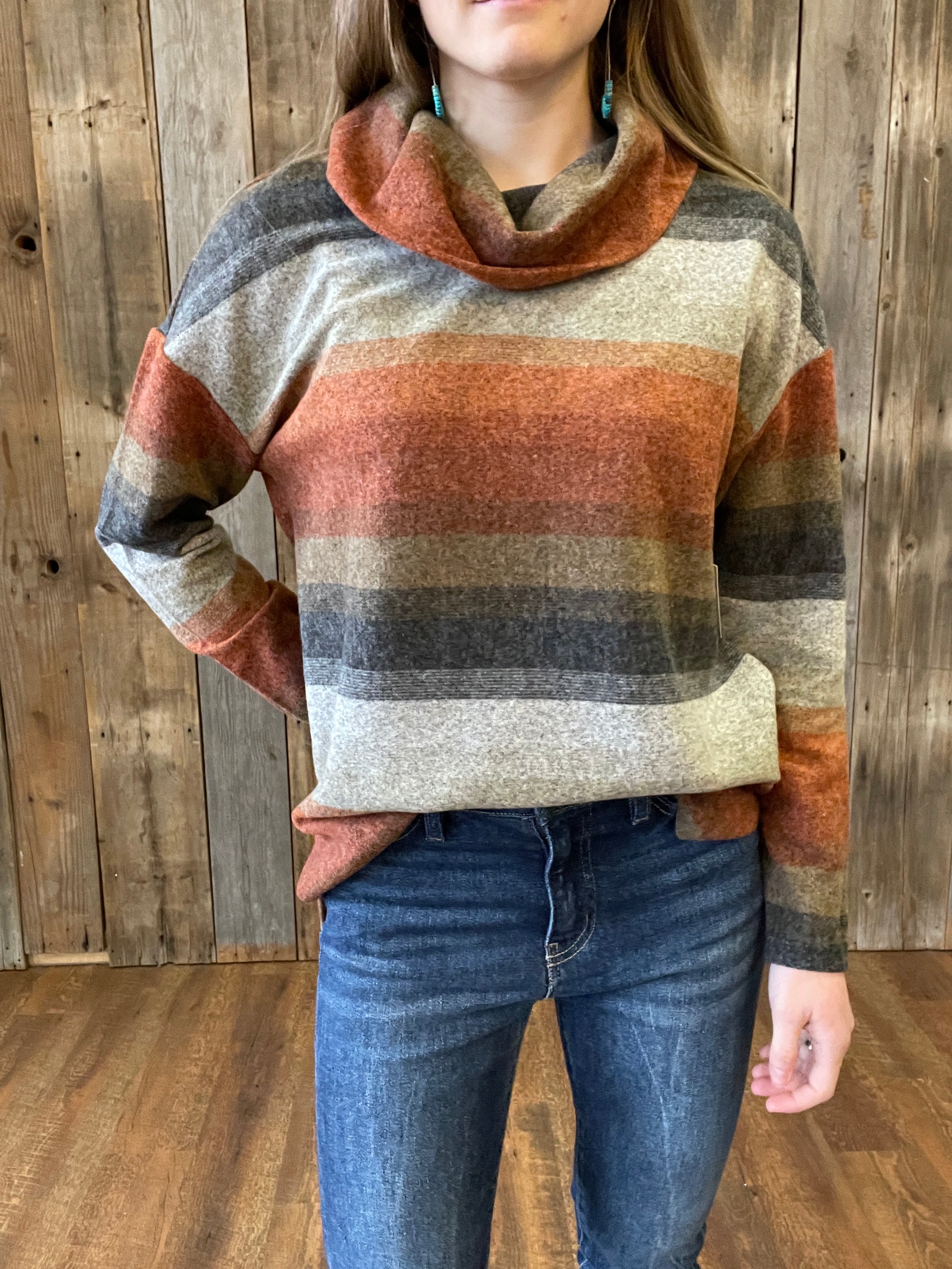 Striped Cowl Neck Top- Red Ochre