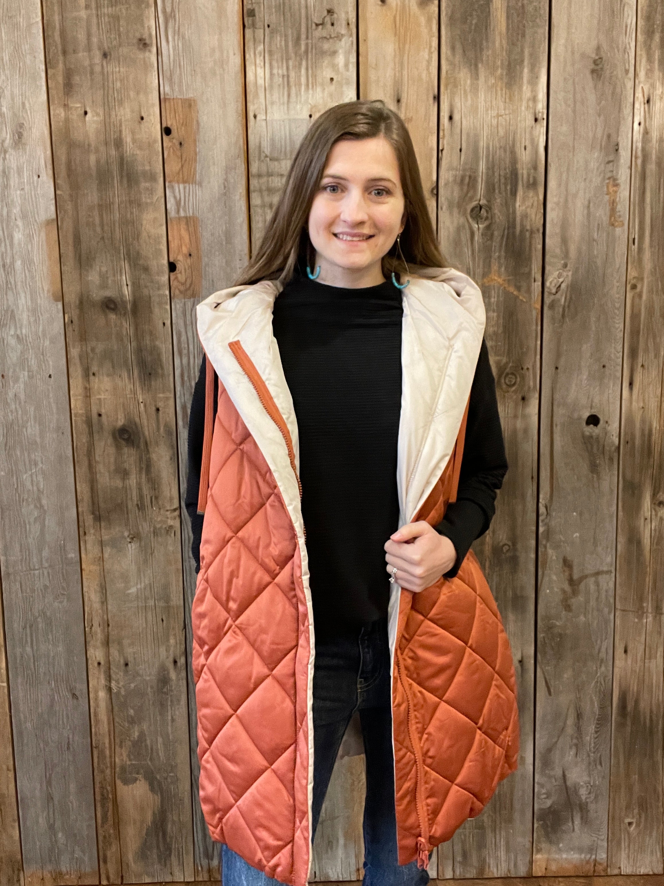 Reversible Hooded Puffer Vest- Baked Clay