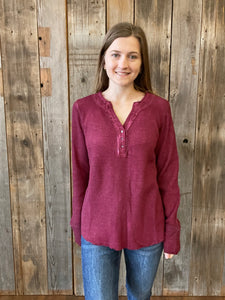 V-Neck Henley Top- Red Plum