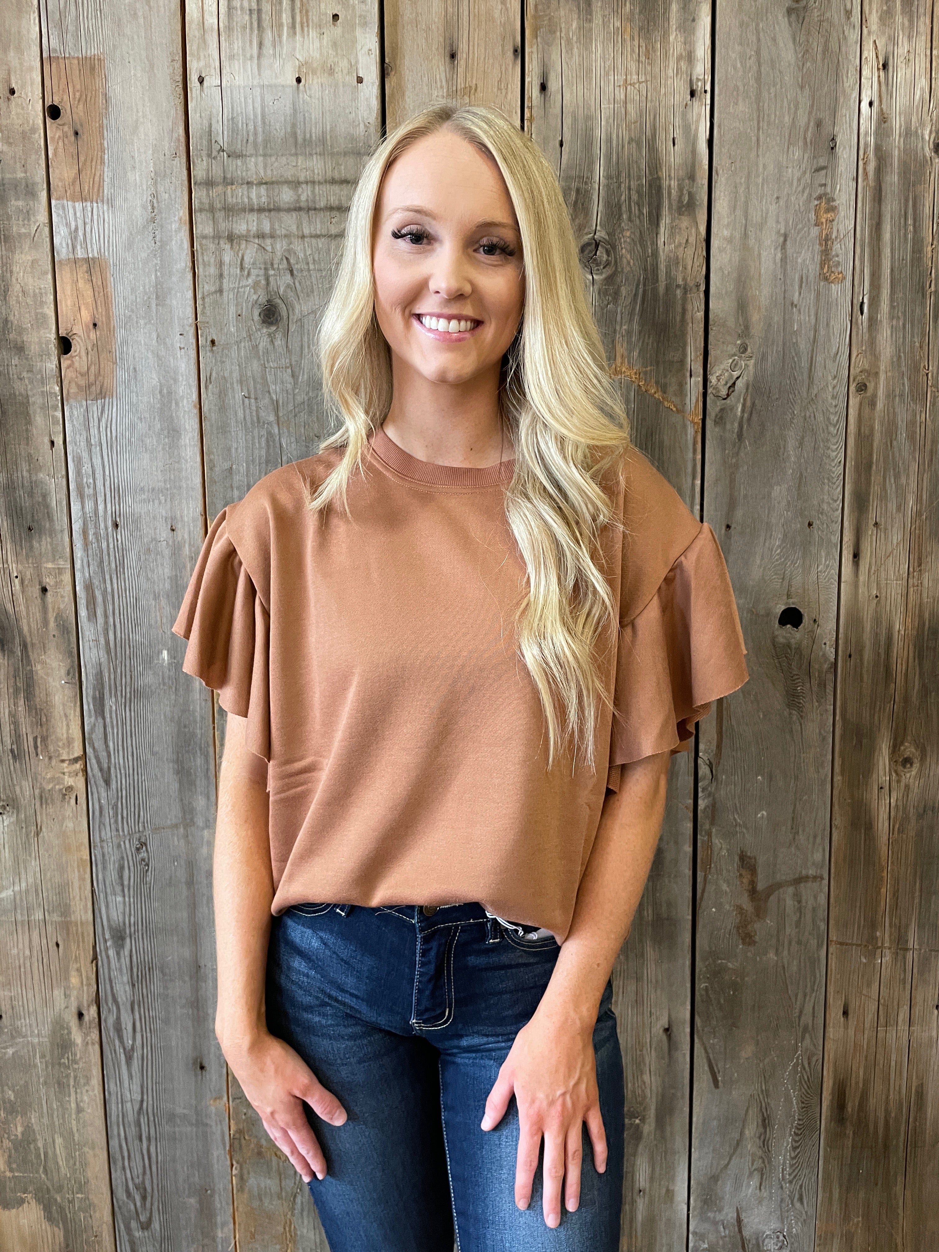 Ruffle Sleeve French Terry Top- Clay