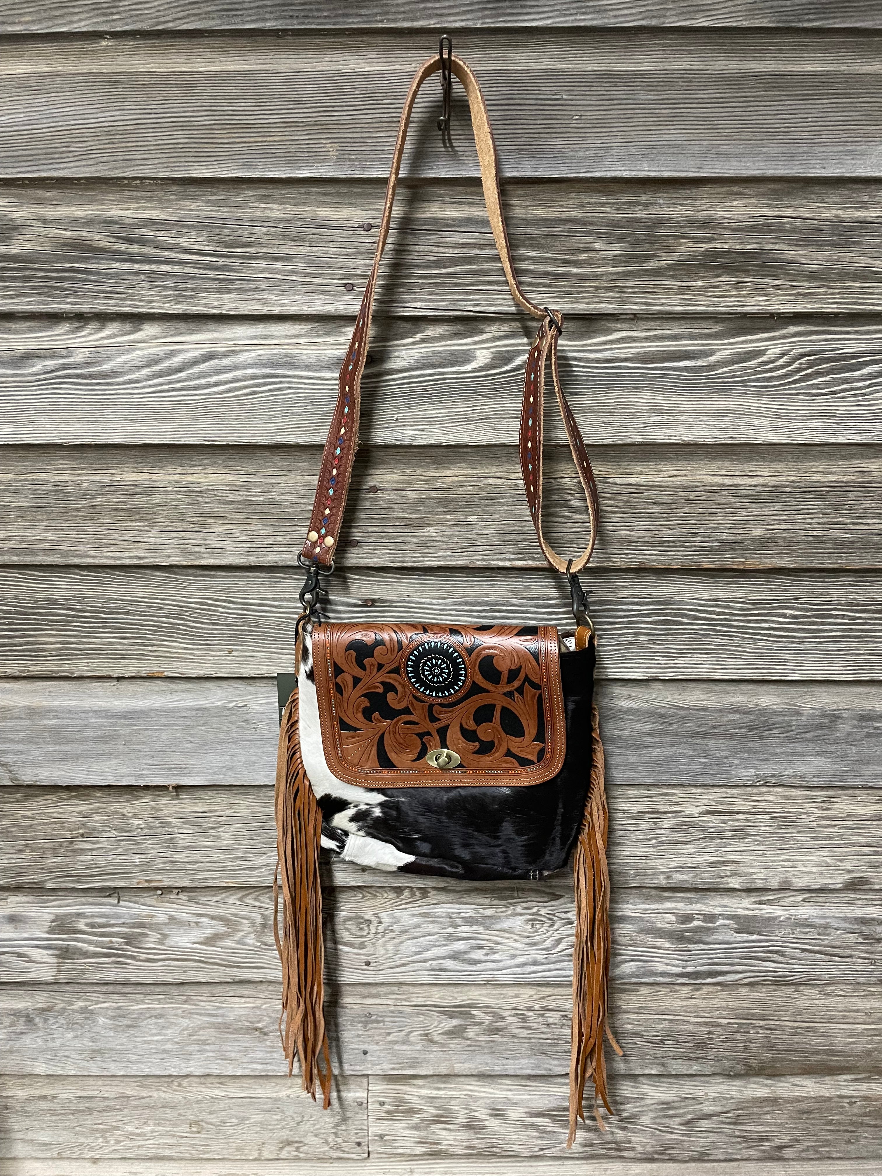 Hand Tooled Leather and Cowhide Crossbody