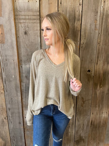 V-Neck Knitted Long Sleeve Top- Olive