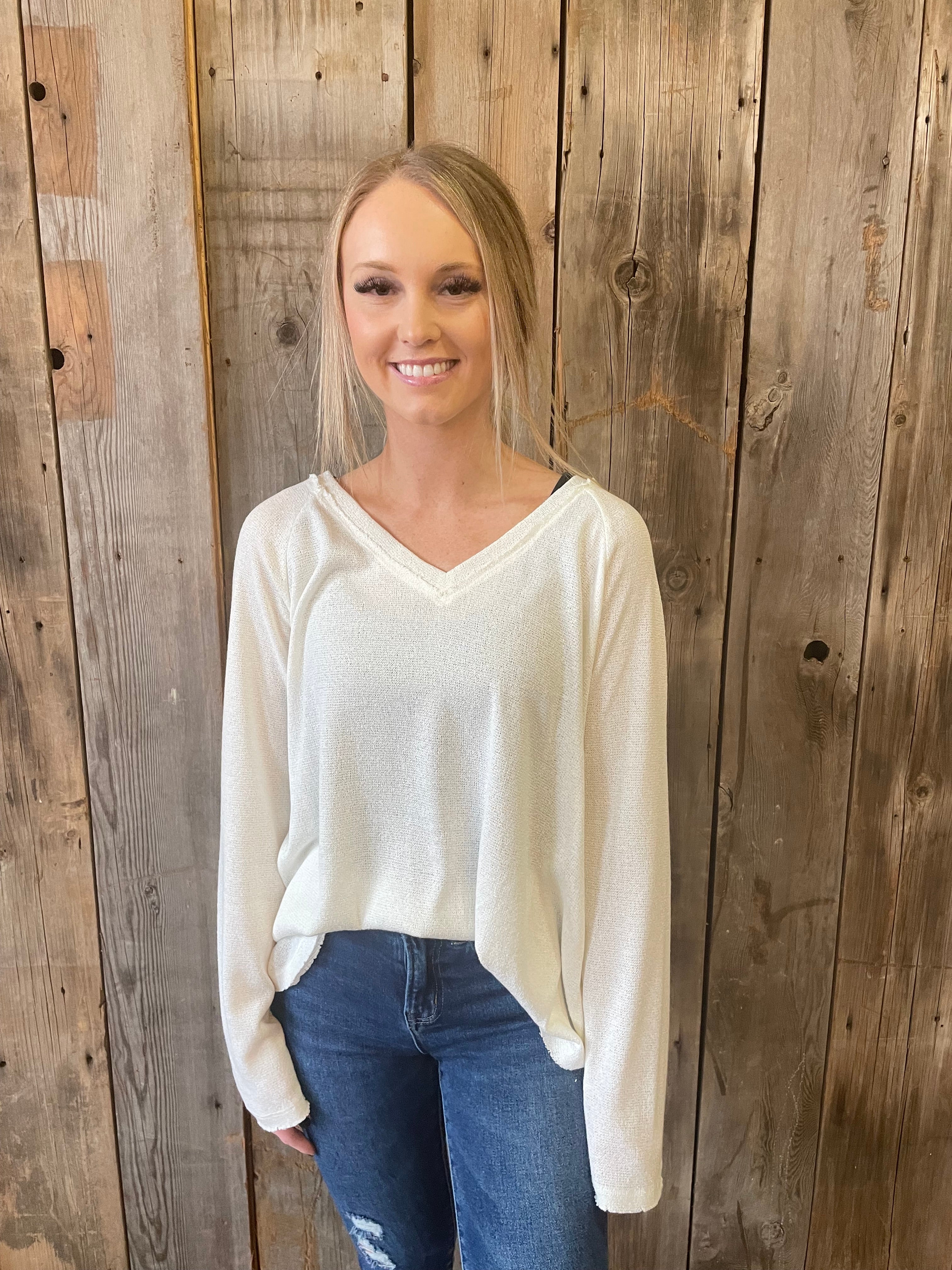 V-Neck Knitted Long Sleeve Top- Ivory