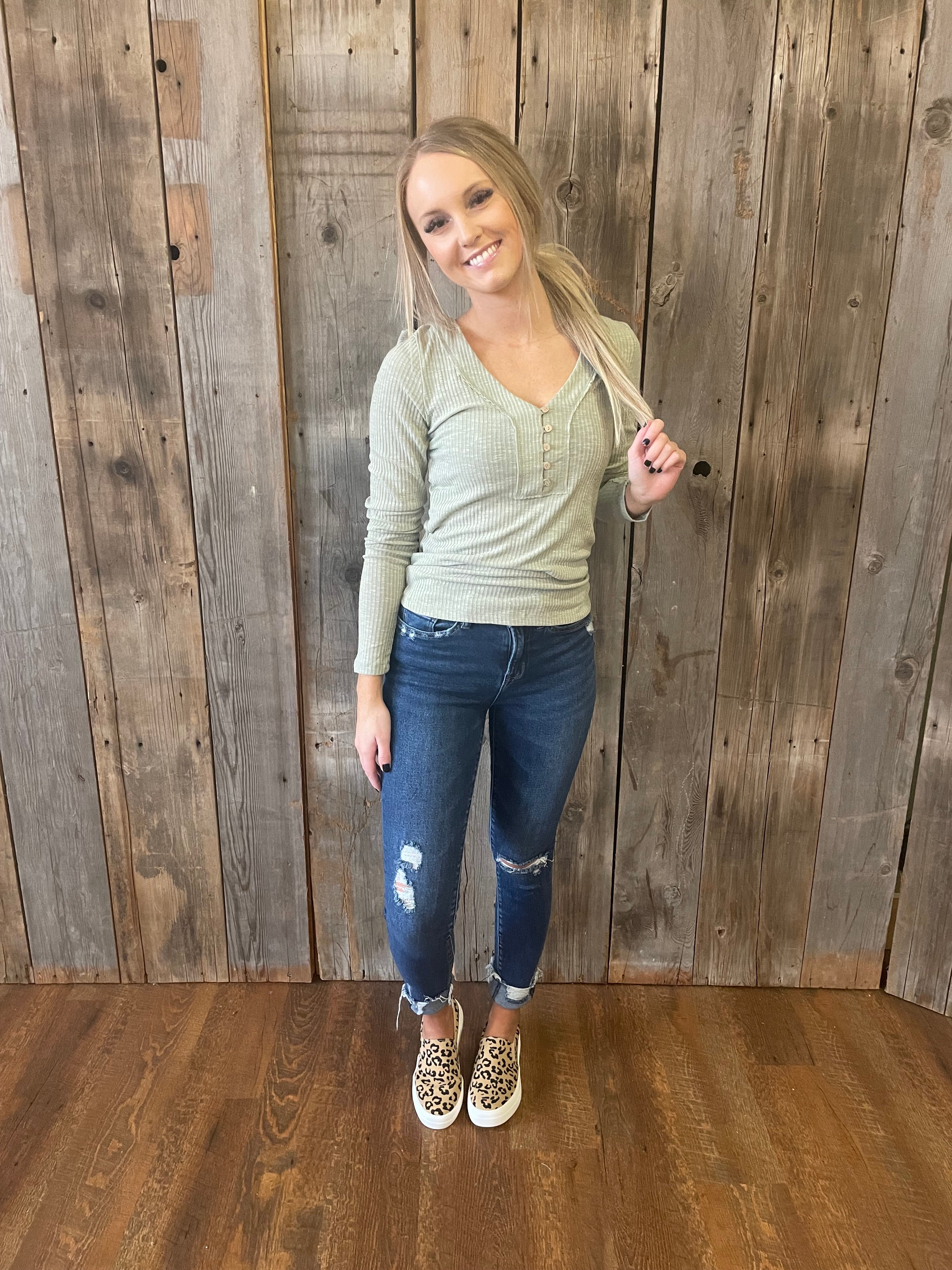 Fitted Ribbed Button Up Top- Sage