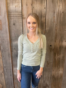 Fitted Ribbed Button Up Top- Sage