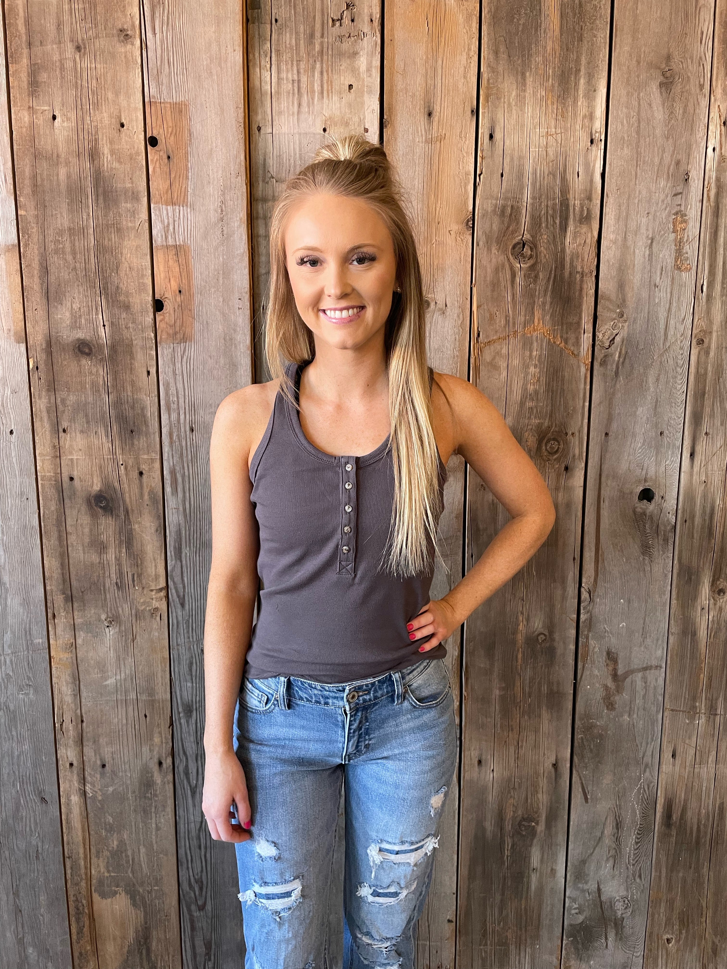 Ribbed Button-Up Racerback Tank- Charcoal