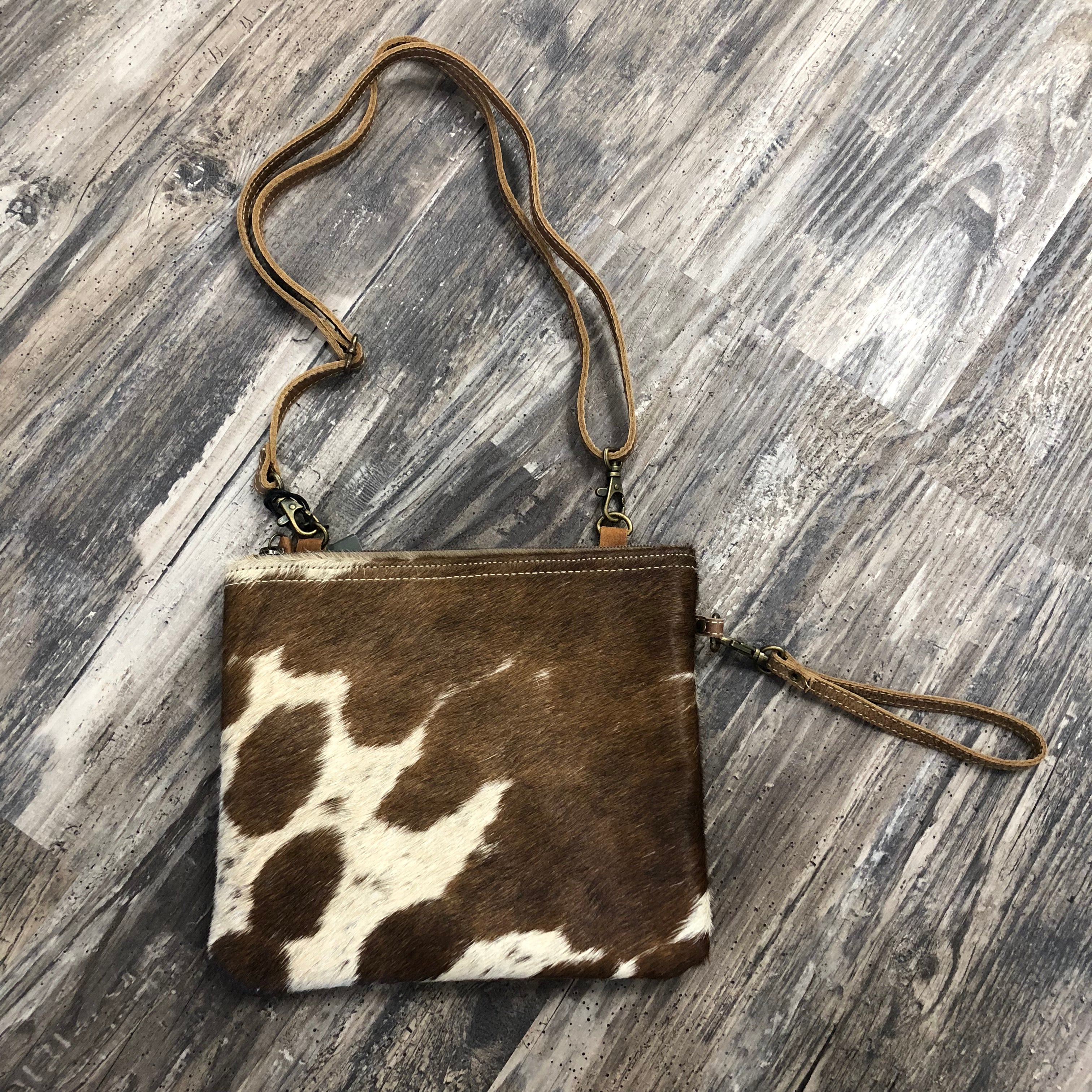 Brown and White Cowhide Satchel