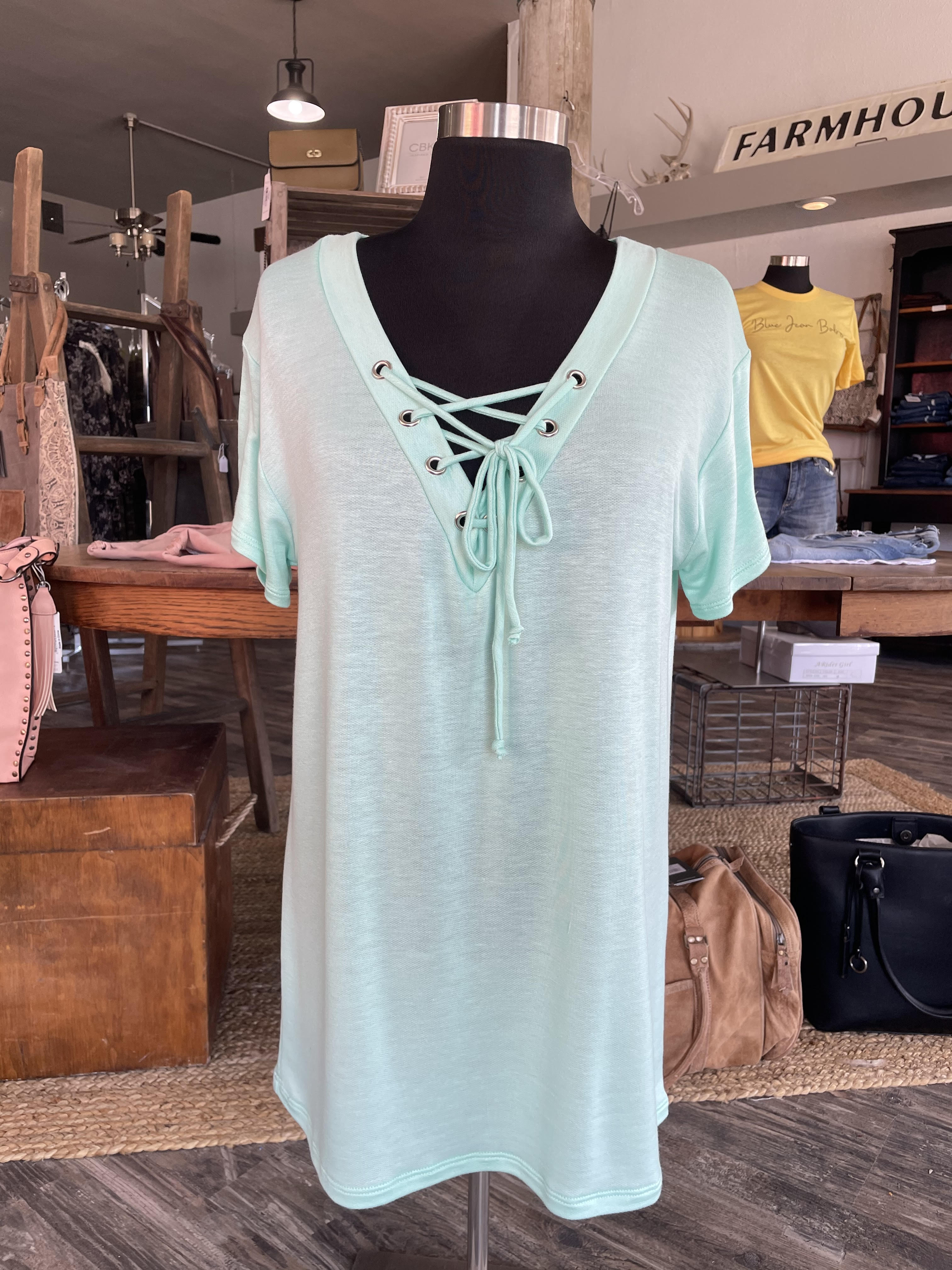 Laced Up V-neck Top- Mint